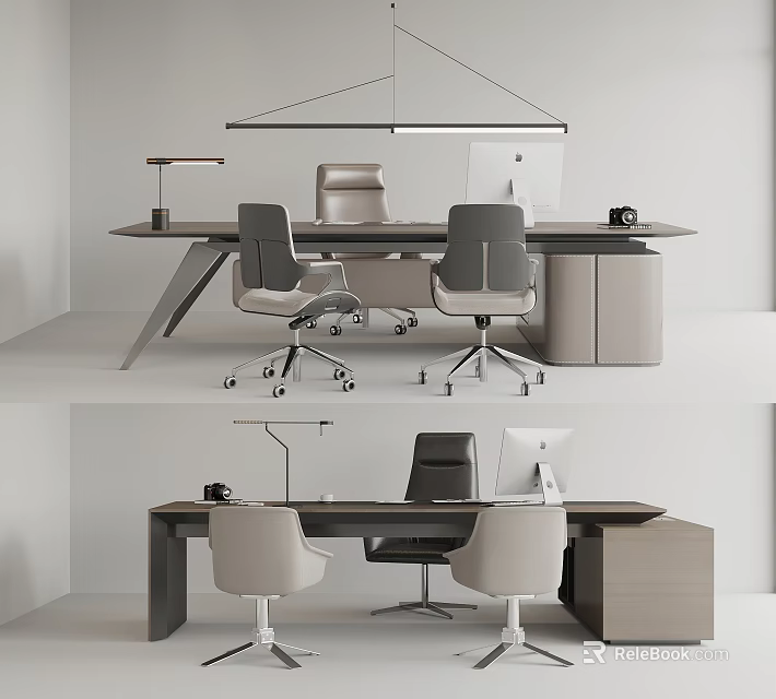 Modern Office Desk Interior With Ergonomic Chairs Lamp Monitor And Storage Cabinet 3d model 