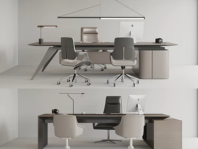 Modern Office Desk Interior With Ergonomic Chairs Lamp Monitor And Storage Cabinet 3d model