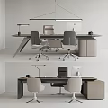 Modern Office Desk Interior With Ergonomic Chairs Lamp Monitor And Storage Cabinet