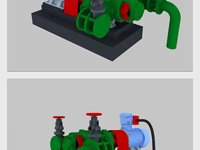 Industrial Equipment With Green Red Pipes Valves Pumps And Motors 3d model