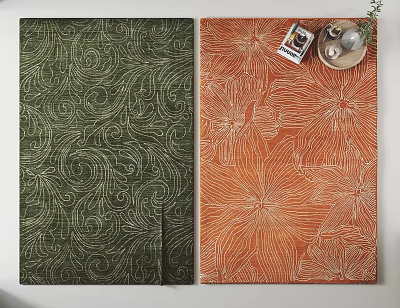 Elegant Square Rugs In Dark Green And Orange With Intricate White Floral Patterns 3d model