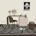 Stylish Dressing Table With Round Mirror Chair And Cosmetics On Decorative Wall Background