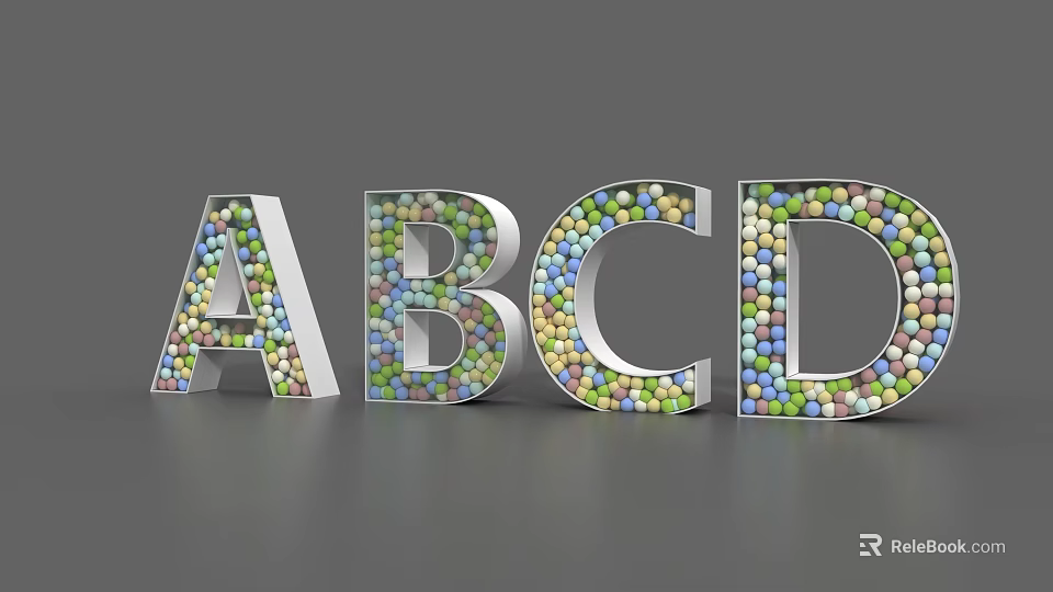 3D Decorative Letters ABCD Designed With Multicolored Balls And Metallic Frame 3d model