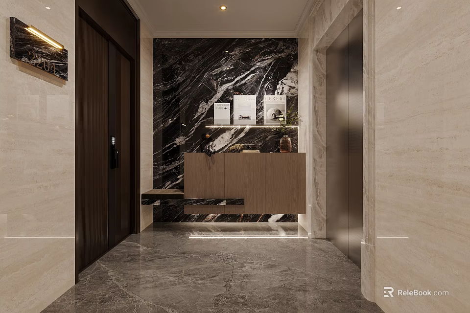 Modern Foyer With Marble Wall And Wooden Cabinet 3d model 