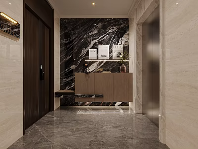 Modern Foyer With Marble Wall And Wooden Cabinet 3d model