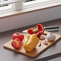 Fresh Vegetables on Wooden Cutting Board with Red Yellow Bell Peppers Tomatoes Garlic and Knife