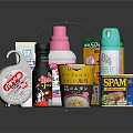 Various Japanese Packaged Food Products Including Cup Noodles Soy Sauce SPAM Can And Snacks
