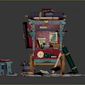 Traditional Colorful Street Food Cart With Hanging Pots And Decorative Elements
