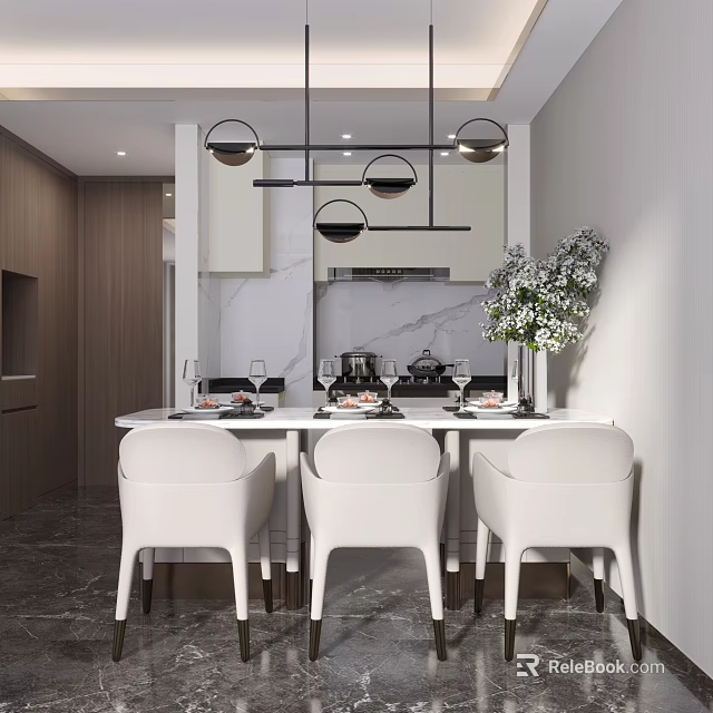 Modern Restaurant Interior With White Dining Table Chairs Marble Countertop Hanging Lights And Wooden Cabinets 3d model 