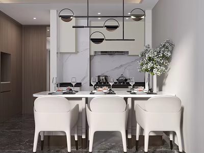 Modern Restaurant Interior With White Dining Table Chairs Marble Countertop Hanging Lights And Wooden Cabinets 3d model