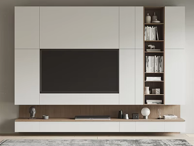 Modern TV Wall Design With White Cabinets Black TV Open Shelves Wooden Console and Decor 3d model