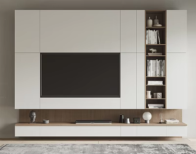 Modern TV Wall Design With White Cabinets Black TV Open Shelves Wooden Console and Decor 3d model