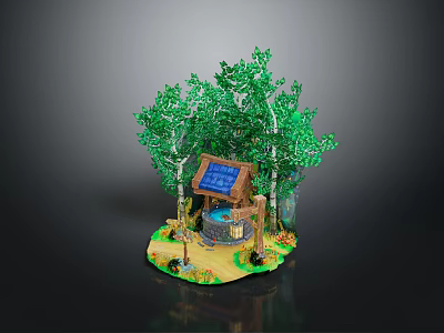 Play Equipment with Green Trees Solar Panel and Well Structure in Natural Scene 3d model