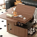 Modern Wooden Coffee Table With Storage Shelves Black Leather Sofa Geometric Rug And Potted Plant