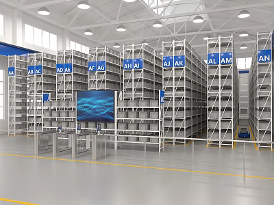Industrial Warehouse Interior With Metal Racking Systems Digital Monitor And Spacious Storage Layout 3d model