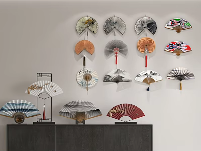 Decorative Fan Wall Hangings With Various Traditional Designs On Wall And Cabinet 3d model