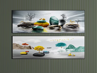 Landscape Painting With Stones Trees Deer Mountains Colorful Trees Boats And Flying Birds 3d model