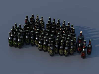 Group of Black and Green Beer Bottles in Fan Shaped Arrangement with Tilted Bottle 3d model