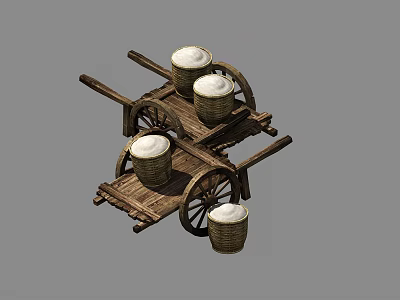 Traditional Wooden Carts With Baskets Filled With White Items And Wheels 3d model