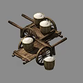 Traditional Wooden Carts With Baskets Filled With White Items And Wheels