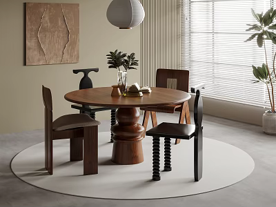 Modern Restaurant Interior With Round Wooden Dining Table Chairs Pendant Lamp Wall Art And Plant 3d model