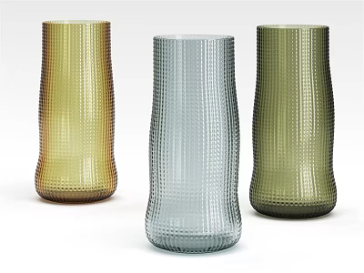 Contemporary Three Colored Textured Glass Vases Featuring Gold Blue Green Hues And Grid Design 3d model