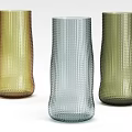 Contemporary Three Colored Textured Glass Vases Featuring Gold Blue Green Hues And Grid Design
