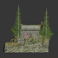Cartoon Scene Featuring Small Cottage Windmill Pine Trees American Flag Green Train Rocks and Grass