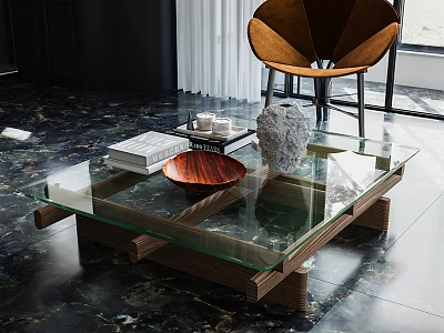 Modern Glass Top Coffee Table With Wooden Frame Books Decorative Bowl And Ceramic Vase 3d model