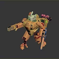 Game Movie Mech Robot Character with Orange Red Armor Arm Cannon Weapons in Combat Stance