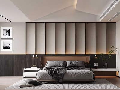 Modern Bedroom Interior Design With Striped Headboard Wall Gray Bedding And Decorative Paintings 3d model
