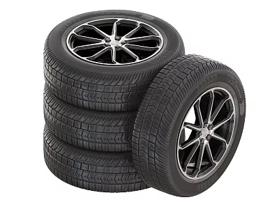 Four Stacked Car Tires With One Beside Featuring Alloy Rims 3d model