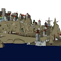 Cartoon Scene of Island with Castle and Village Small Houses Trees Rocks and Blue Water