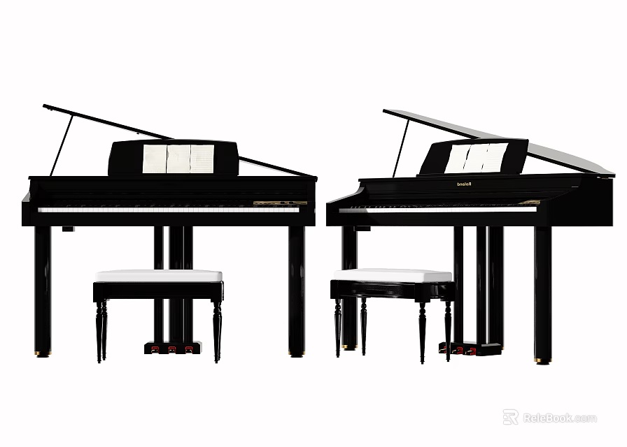 Black Grand Pianos with White Stools and Art Drawing Supplies 3d model 