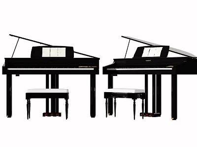 Black Grand Pianos with White Stools and Art Drawing Supplies 3d model