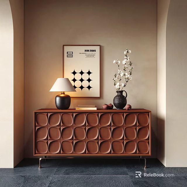Entryway Console Table Brown Round Pattern With Decorative Lamp Vase White Flowers And Wall Art 3d model 
