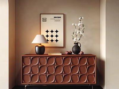 Entryway Console Table Brown Round Pattern With Decorative Lamp Vase White Flowers And Wall Art 3d model