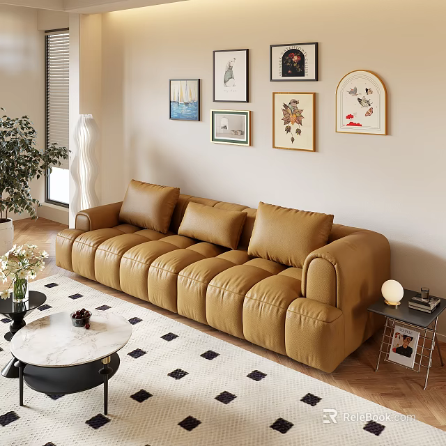 Modern Brown Leather Sectional Sofa With Wall Art And Side Table On Rug 3d model