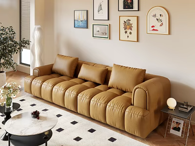 Modern Brown Leather Sectional Sofa With Wall Art And Side Table On Rug 3d model