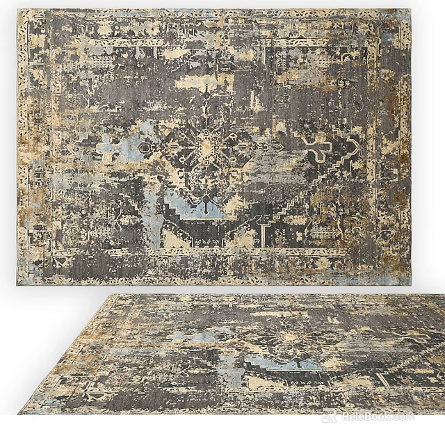 Vintage Inspired Square Rug With Intricate Gray Beige Blue Pattern Design 3d model