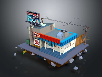 Cartoon Scene Featuring Cute Diner Building With Neon Sign Blue Red Roof And Stone Platform 3d model