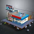 Cartoon Scene Featuring Cute Diner Building With Neon Sign Blue Red Roof And Stone Platform
