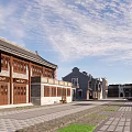 Traditional Chinese Commercial Street With Classical Shops Stone Road And Green Trees Under Blue Sky
