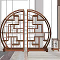 Traditional Wooden Curio Shelves Interior Design With Circular Frame And Symmetrical Geometric Patterns