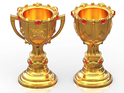 Two Shiny Golden Trophies With Red Gemstones And Ornate Decorative Design 3d model
