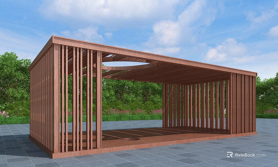 Wooden Pergola With Vertical Slats Shade Design Green Vegetation And Stone Pavement 3d model 