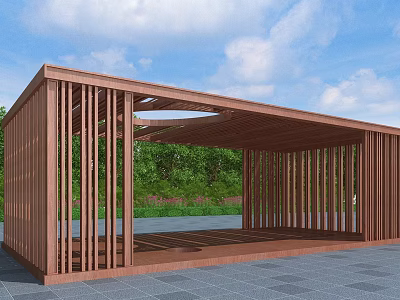 Wooden Pergola With Vertical Slats Shade Design Green Vegetation And Stone Pavement 3d model