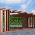 Wooden Pergola With Vertical Slats Shade Design Green Vegetation And Stone Pavement
