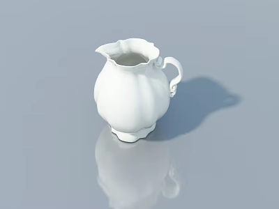 White Ceramic Tea Ware With Wave Edge Design And Handle On Smooth Reflective Surface 3d model