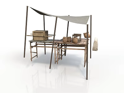 Rustic Outdoor Daily Necessities Display With Wooden Frame Canopy Tables Boxes And Baskets 3d model